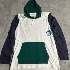 Men's White Hooded Long-Sleeve Shirt with Green Pocket and Navy Sleeves